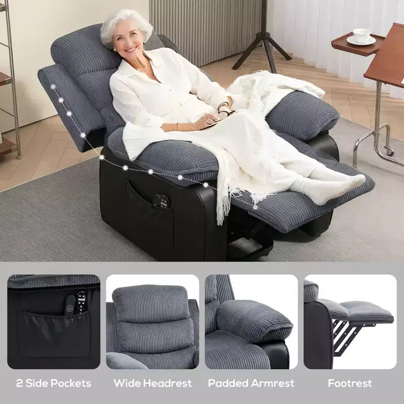 Poltrona Reclinabile con Sollevatore Elettrico con Massaggio e Calore, Poltrona Alzapersona Elettrica con Telecomandi e Tasche Laterali, Grigio
