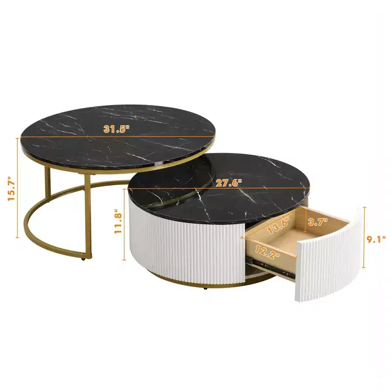 Tavolino da caffè moderno rotondo componibile scanalato con cassetto da 80 cm