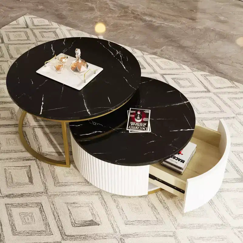 Tavolino da caffè moderno rotondo componibile scanalato con cassetto da 80 cm