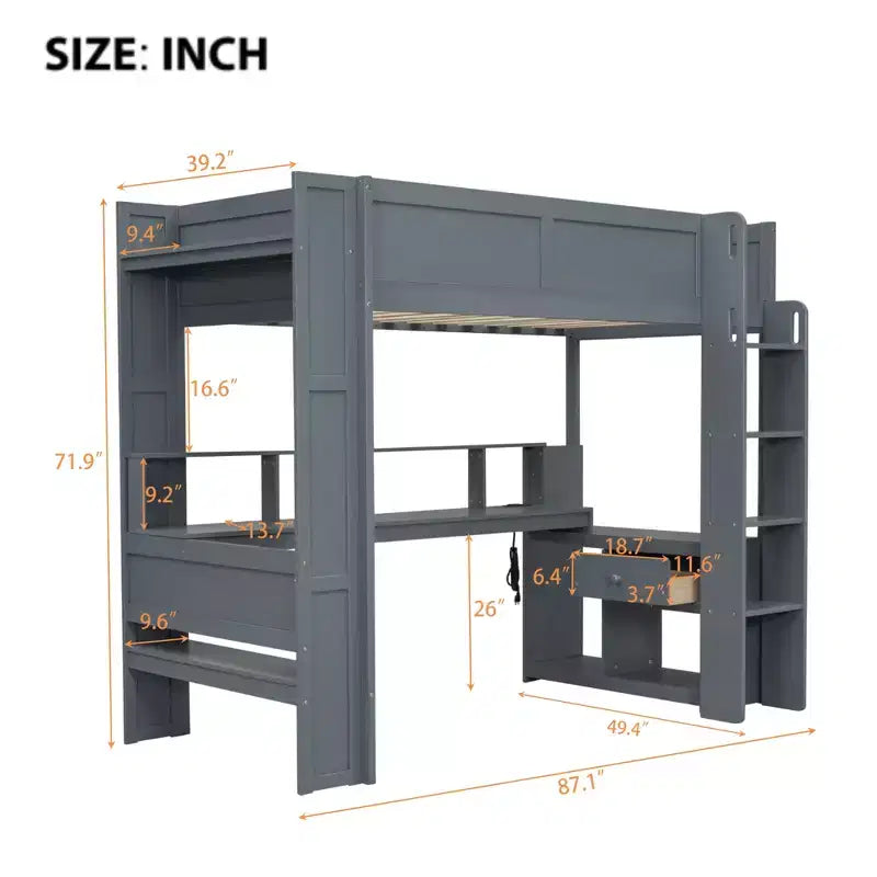 Letto a soppalco da gaming in legno da 87,1''L x 49,4''W con scrivania, ripiani multiuso, LED e stazione di ricarica