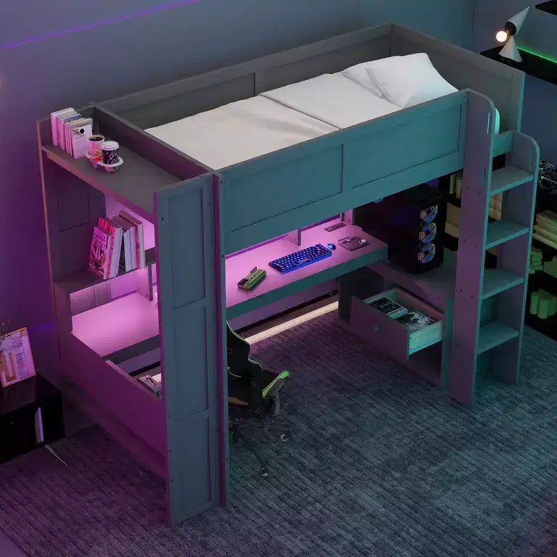 Letto a soppalco da gaming in legno da 87,1''L x 49,4''W con scrivania, ripiani multiuso, LED e stazione di ricarica
