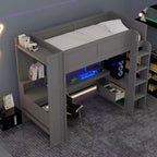 Letto a soppalco da gaming in legno da 87,1''L x 49,4''W con scrivania, ripiani multiuso, LED e stazione di ricarica