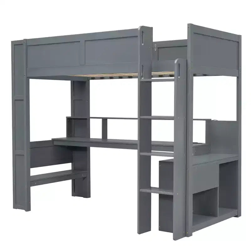Letto a soppalco da gaming in legno da 87,1''L x 49,4''W con scrivania, ripiani multiuso, LED e stazione di ricarica