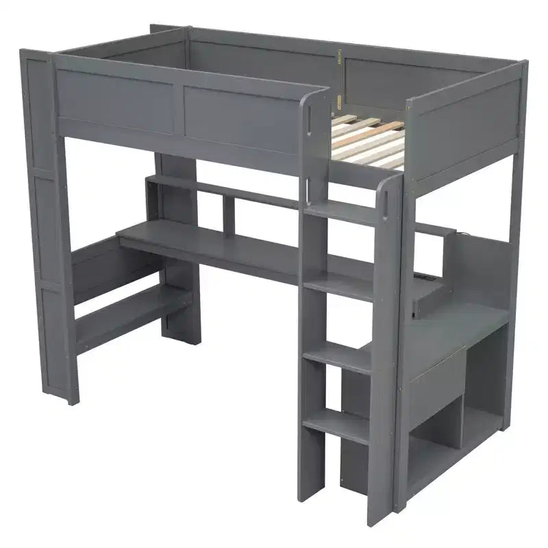Letto a soppalco da gaming in legno da 87,1''L x 49,4''W con scrivania, ripiani multiuso, LED e stazione di ricarica