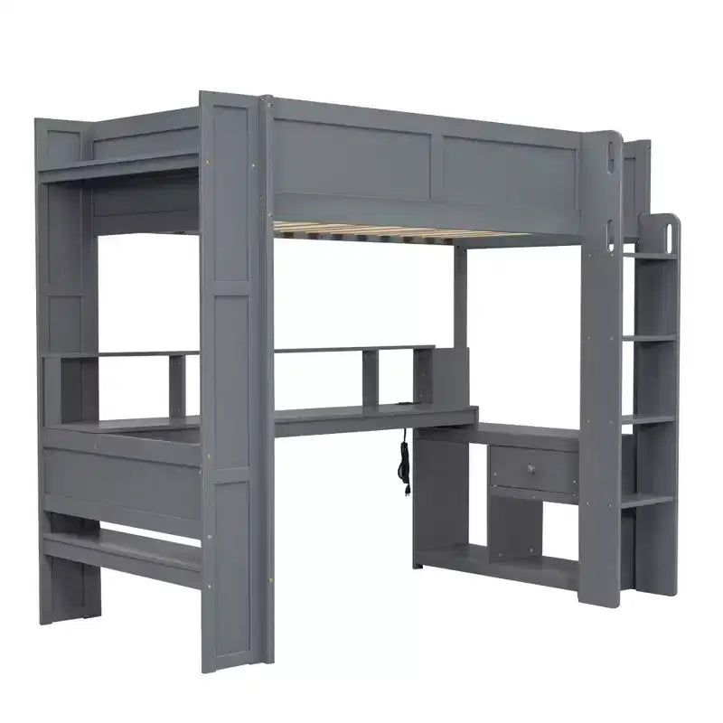Letto a soppalco da gaming in legno da 87,1''L x 49,4''W con scrivania, ripiani multiuso, LED e stazione di ricarica