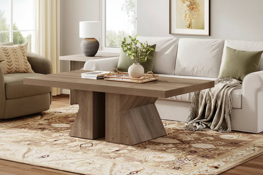 Tavolino da caffè Lantine Wood, Tavolino rettangolare da 120 cm con base in legno spessa, Tavolino da cocktail in stile rustico con effetto legno per soggiorno