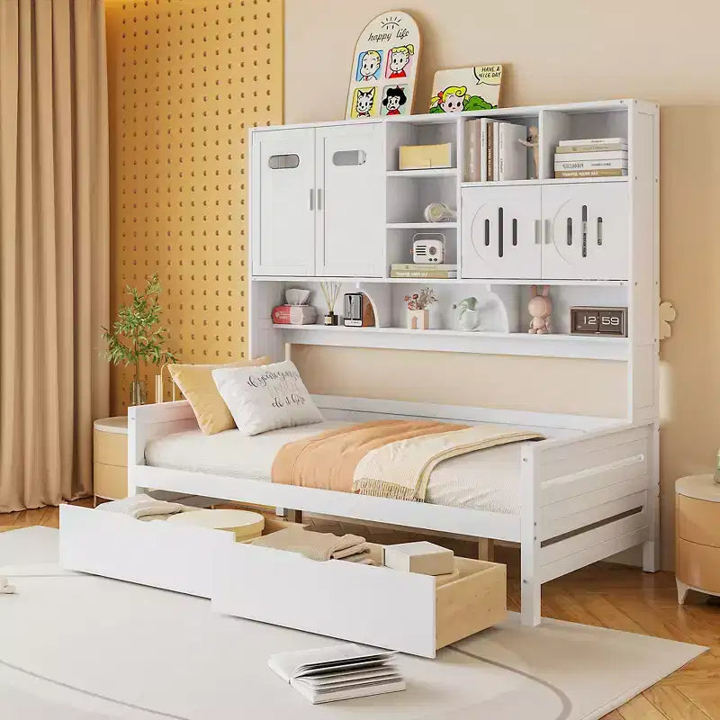 Divano Letto in Legno Matrimoniale/Piazza e Mezza con 2 Cassetti, Mobile Tutto-in-Uno e Ripiani
