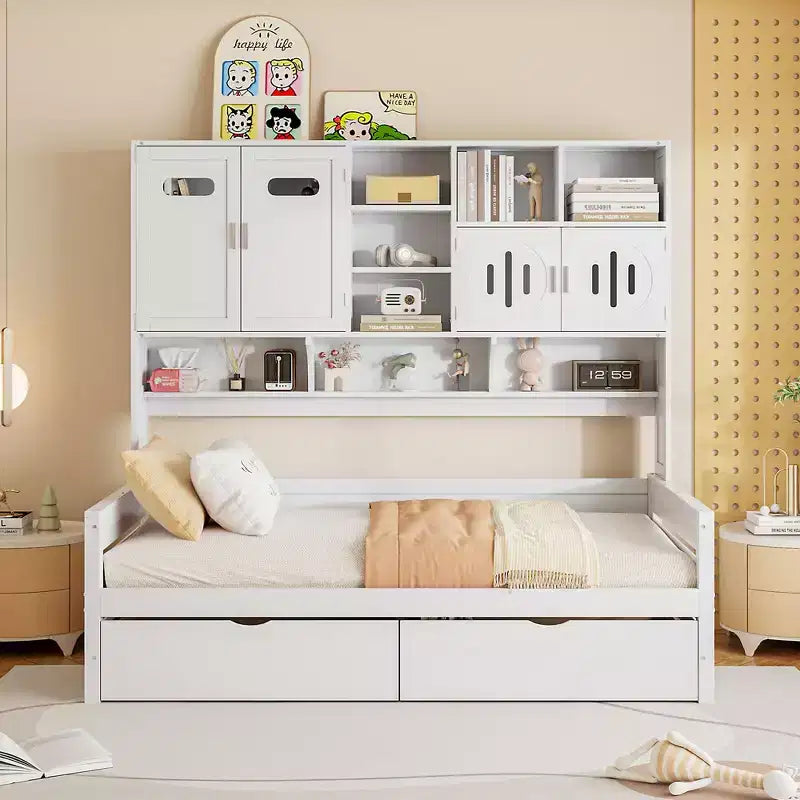 Divano Letto in Legno Matrimoniale/Piazza e Mezza con 2 Cassetti, Mobile Tutto-in-Uno e Ripiani