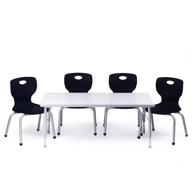 Bintiva Activity Table & Chair Set  24x48 Gray Sprayed Edge Table with Adjustable Legs and 4 Black 14 NAAR Classroom Chairs