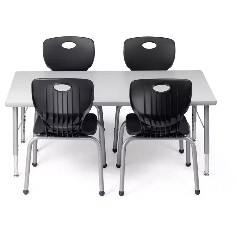 Tavolo e sedie per attività Set tavolo 24x48 con bordo spruzzato grigio e gambe regolabili e 4 sedie nere da aula da 14 pollici