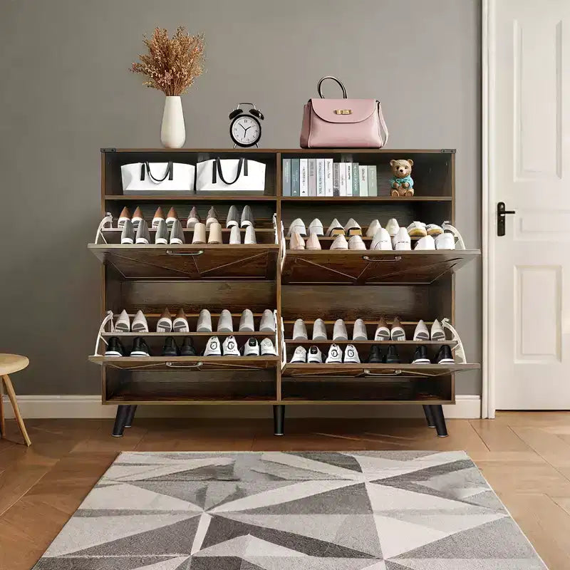 Scarpiera, Mobile Scarpiera Indipendente con 4 Cassetti a Ribalta e Design Barn Door, Comò Scarpiera Stretto e Sottile, per Ingresso, Foyer, Corridoio