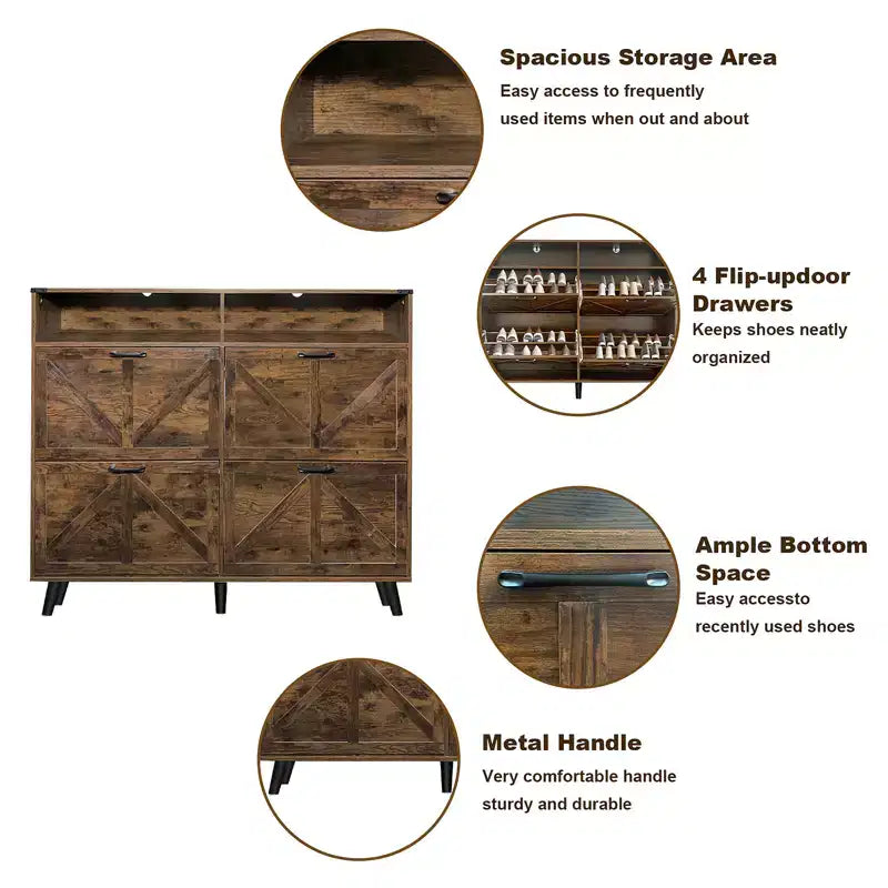 Scarpiera, Mobile Scarpiera Indipendente con 4 Cassetti a Ribalta e Design Barn Door, Comò Scarpiera Stretto e Sottile, per Ingresso, Foyer, Corridoio