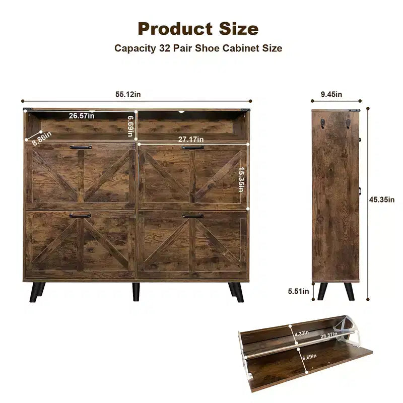 Scarpiera, Mobile Scarpiera Indipendente con 4 Cassetti a Ribalta e Design Barn Door, Comò Scarpiera Stretto e Sottile, per Ingresso, Foyer, Corridoio