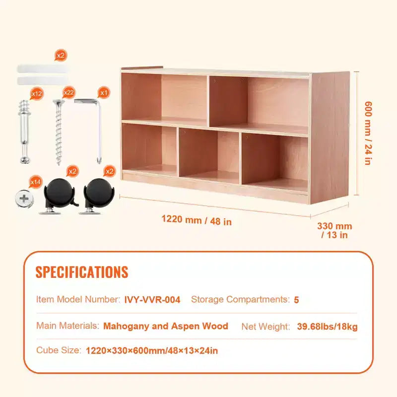 Mobile Cubby, Armadietto Mobiletto con 5 Scomparti, Libreria Cubby a 2 Ripiani, Scaffali per Aula, Naturale