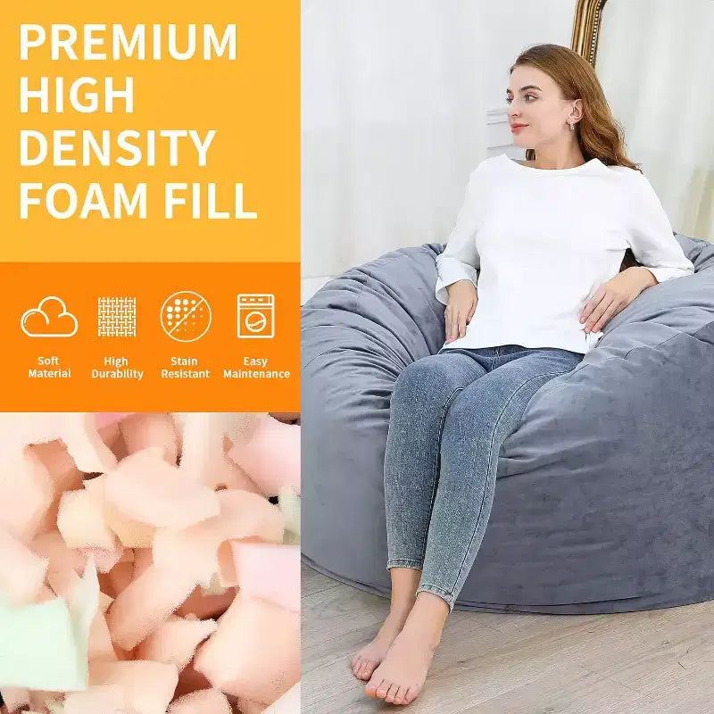 Poltrona Sacco in Velluto da 120 cm, Imbottita in Schiuma, Rotonda, per Adulti e Adolescenti, Morbida Seduta Felpata per Soggiorno, Dormitorio o Zone Relax