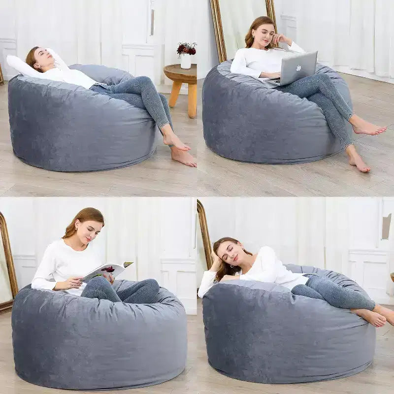 Poltrona Sacco in Velluto da 120 cm, Imbottita in Schiuma, Rotonda, per Adulti e Adolescenti, Morbida Seduta Felpata per Soggiorno, Dormitorio o Zone Relax
