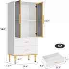Credenza moderna scanalata con anta in vetro e 2 cassetti, ripiani regolabili, dettagli dorati, struttura in MDF per cucina, soggiorno, ufficio