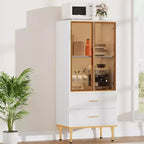 Credenza moderna scanalata con anta in vetro e 2 cassetti, ripiani regolabili, dettagli dorati, struttura in MDF per cucina, soggiorno, ufficio