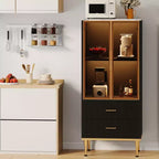 Credenza moderna scanalata con anta in vetro e 2 cassetti, ripiani regolabili, dettagli dorati, struttura in MDF per cucina, soggiorno, ufficio