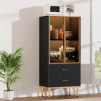 Credenza moderna scanalata con anta in vetro e 2 cassetti, ripiani regolabili, dettagli dorati, struttura in MDF per cucina, soggiorno, ufficio