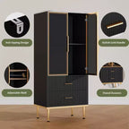 Credenza moderna scanalata con anta in vetro e 2 cassetti, ripiani regolabili, dettagli dorati, struttura in MDF per cucina, soggiorno, ufficio