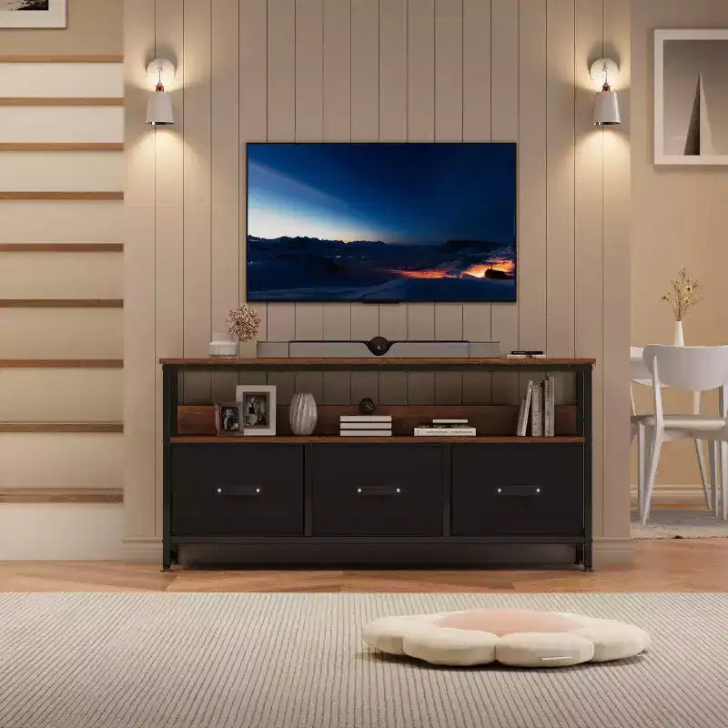 Mobile porta TV nero da 55" con cassetti grigi, mobile da soggiorno/camera da letto in stile cassettiera per riporre gli oggetti