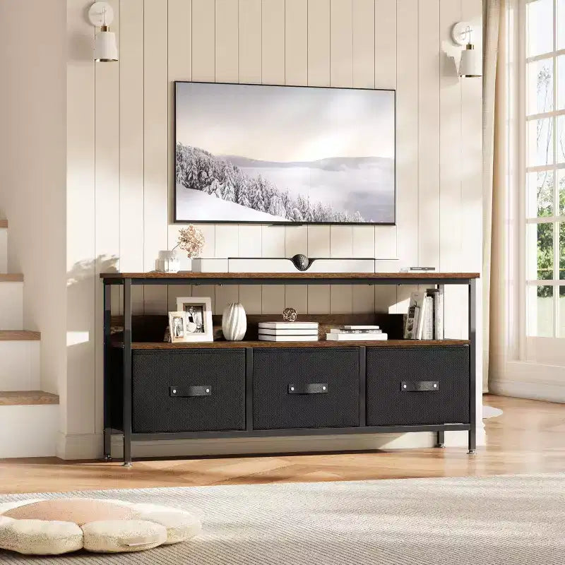 Mobile porta TV nero da 55" con cassetti grigi, mobile da soggiorno/camera da letto in stile cassettiera per riporre gli oggetti