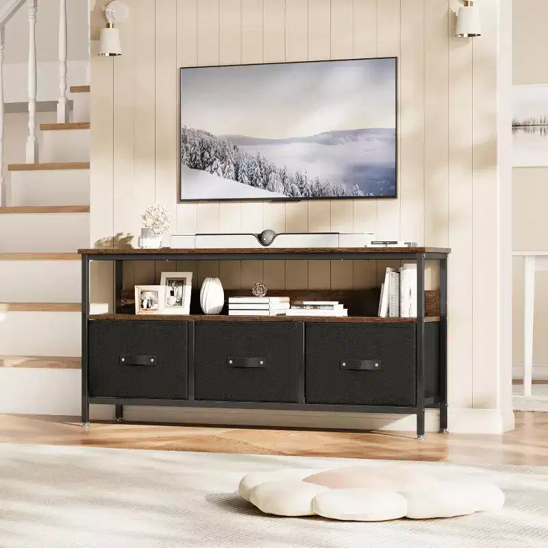 Mobile porta TV nero da 55" con cassetti grigi, mobile da soggiorno/camera da letto in stile cassettiera per riporre gli oggetti