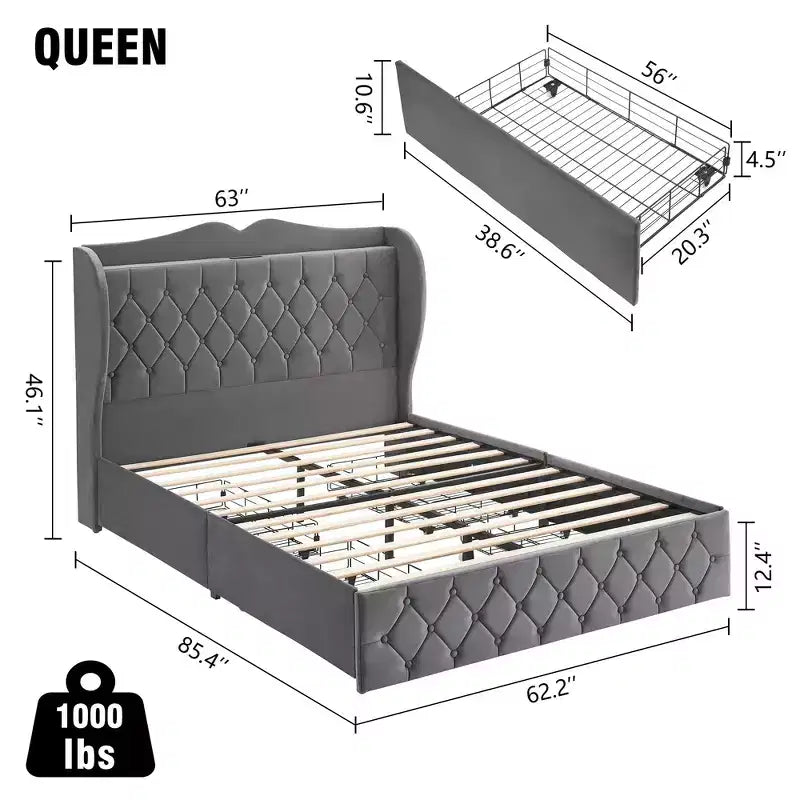 Struttura Letto Imbottita in Velluto con 4 Cassetti Contenitore e Stazione di Ricarica, Design con Bottone Trapuntato a Diamante