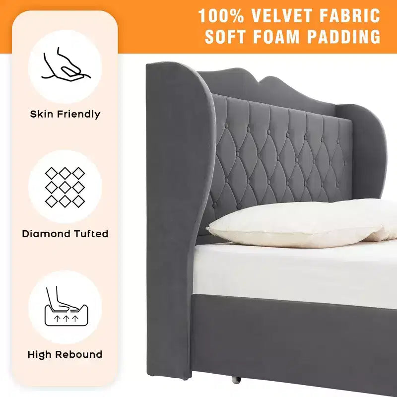 Struttura Letto Imbottita in Velluto con 4 Cassetti Contenitore e Stazione di Ricarica, Design con Bottone Trapuntato a Diamante