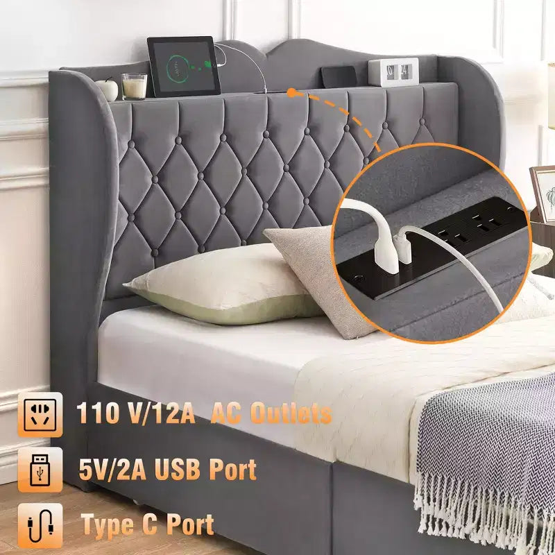 Struttura Letto Imbottita in Velluto con 4 Cassetti Contenitore e Stazione di Ricarica, Design con Bottone Trapuntato a Diamante