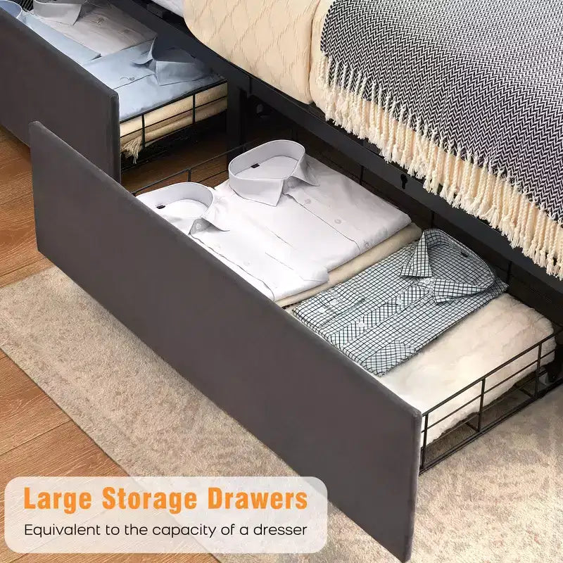 Struttura Letto Imbottita in Velluto con 4 Cassetti Contenitore e Stazione di Ricarica, Design con Bottone Trapuntato a Diamante
