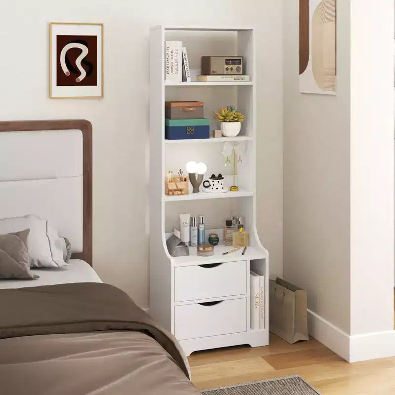 Comodini con libreria, cassettiera con 2 cassetti contenitori per camera da letto