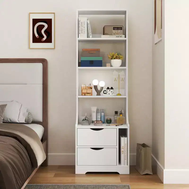 Comodini con libreria, cassettiera con 2 cassetti contenitori per camera da letto