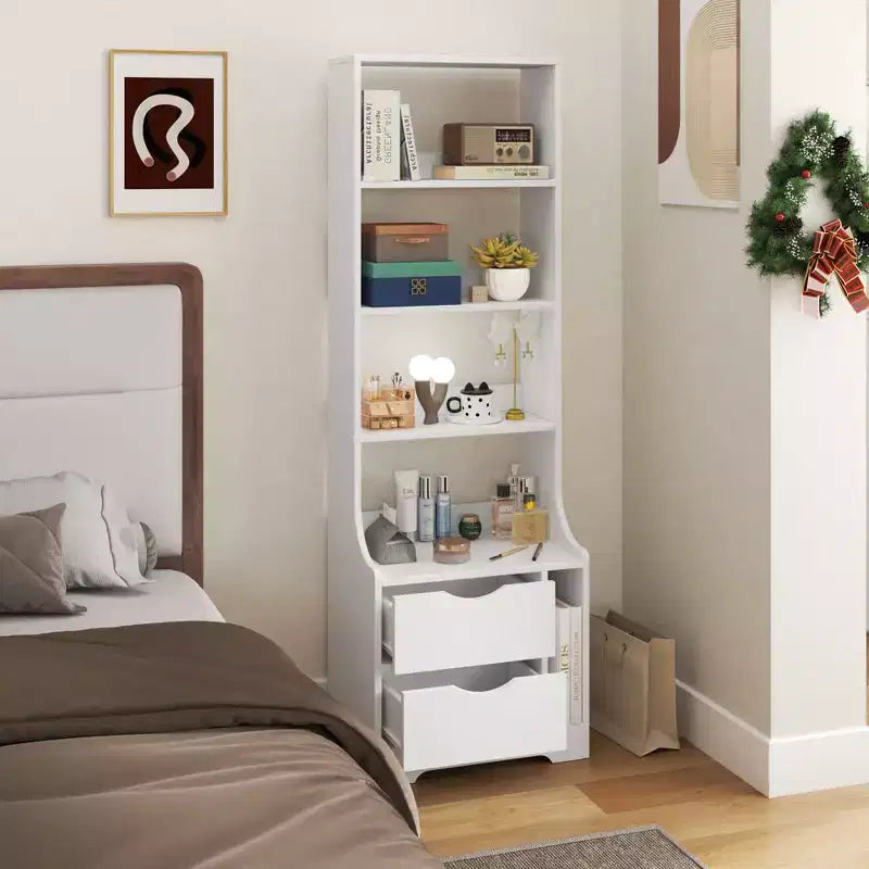 Comodini con libreria, cassettiera con 2 cassetti contenitori per camera da letto