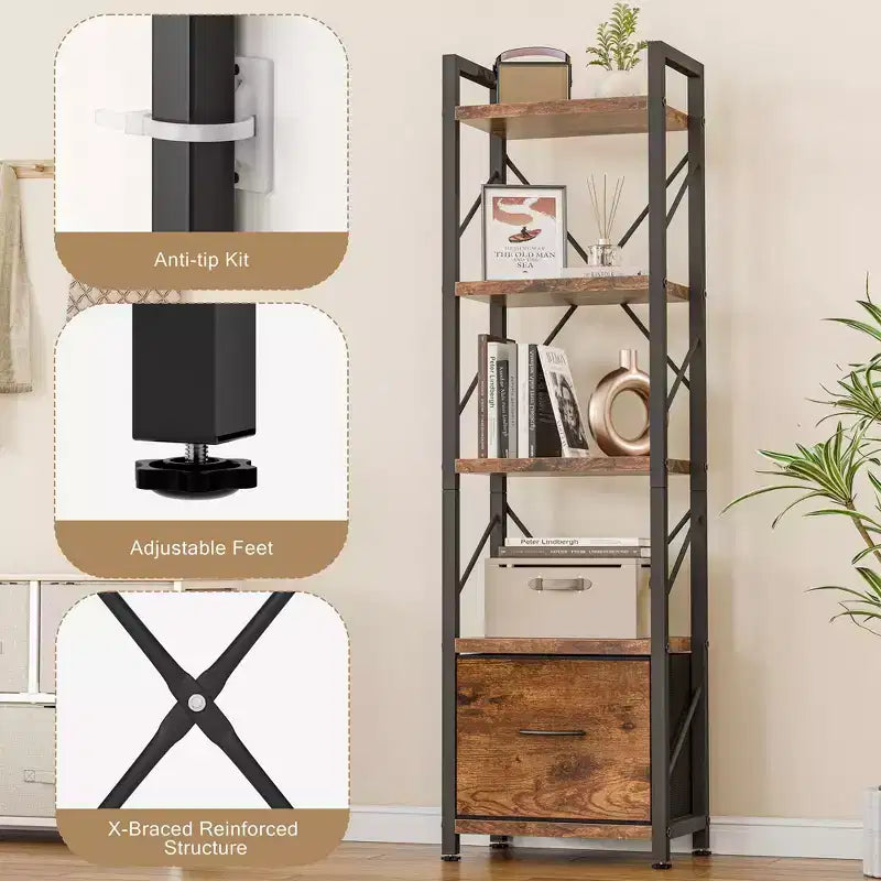 Libreria a 5 Ripiani con Cassetto, Organizzatore Moderno Alto, Scaffali Industriali per Camera da Letto, Soggiorno, Ufficio, Marrone Rustico