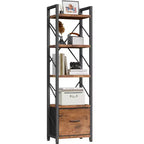 Libreria a 5 Ripiani con Cassetto, Organizzatore Moderno Alto, Scaffali Industriali per Camera da Letto, Soggiorno, Ufficio, Marrone Rustico
