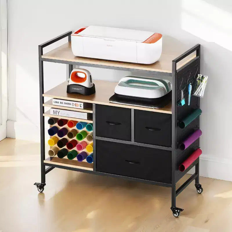 Carrello artigianale con rotelle e tavolo portaoggetti, compatibile con macchine Cricut, postazione di lavoro per l'organizzazione artigianale, nero