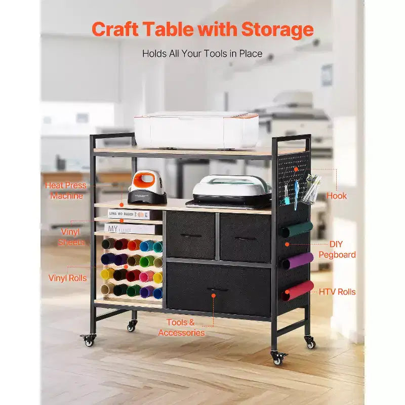 Carrello artigianale con rotelle e tavolo portaoggetti, compatibile con macchine Cricut, postazione di lavoro per l'organizzazione artigianale, nero
