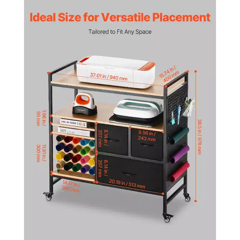 Carrello artigianale con rotelle e tavolo portaoggetti, compatibile con macchine Cricut, postazione di lavoro per l'organizzazione artigianale, nero