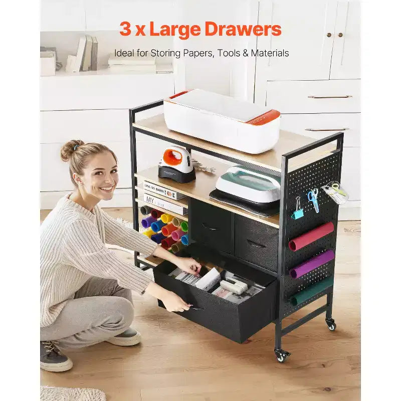 Carrello artigianale con rotelle e tavolo portaoggetti, compatibile con macchine Cricut, postazione di lavoro per l'organizzazione artigianale, nero
