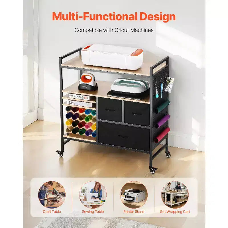 Carrello artigianale con rotelle e tavolo portaoggetti, compatibile con macchine Cricut, postazione di lavoro per l'organizzazione artigianale, nero