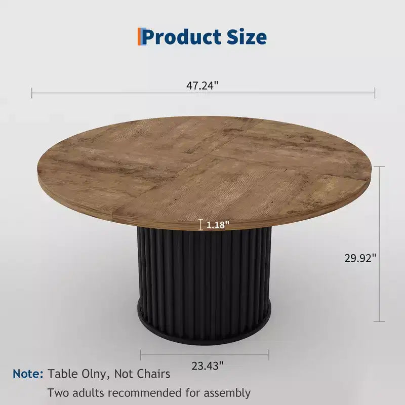 Tavolo da pranzo rotondo da 47", 4-6 posti, stile rustico con robusta base a piedistallo in metallo ondulato per cucina o sala da pranzo