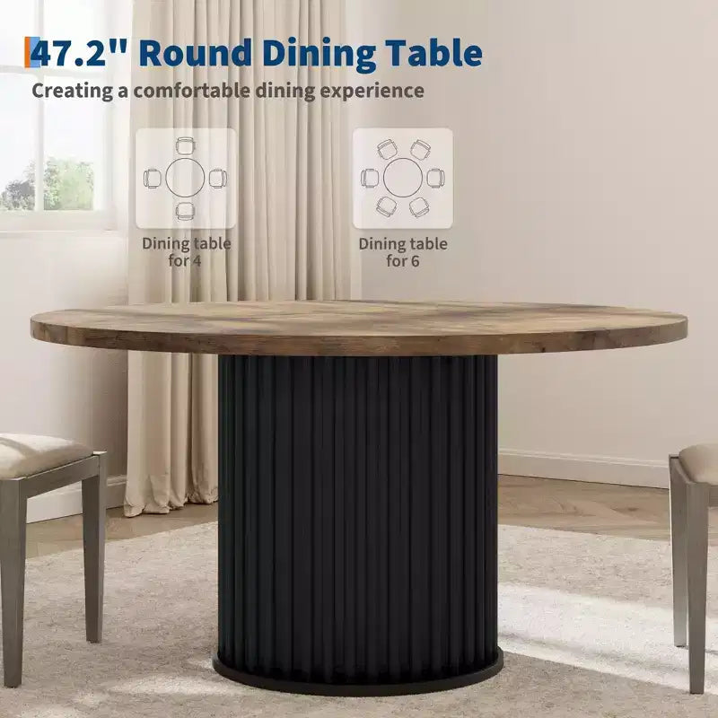 Tavolo da pranzo rotondo da 47", 4-6 posti, stile rustico con robusta base a piedistallo in metallo ondulato per cucina o sala da pranzo