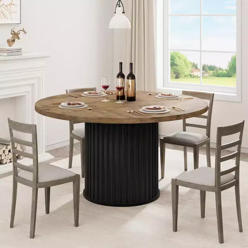 Tavolo da pranzo rotondo da 47", 4-6 posti, stile rustico con robusta base a piedistallo in metallo ondulato per cucina o sala da pranzo