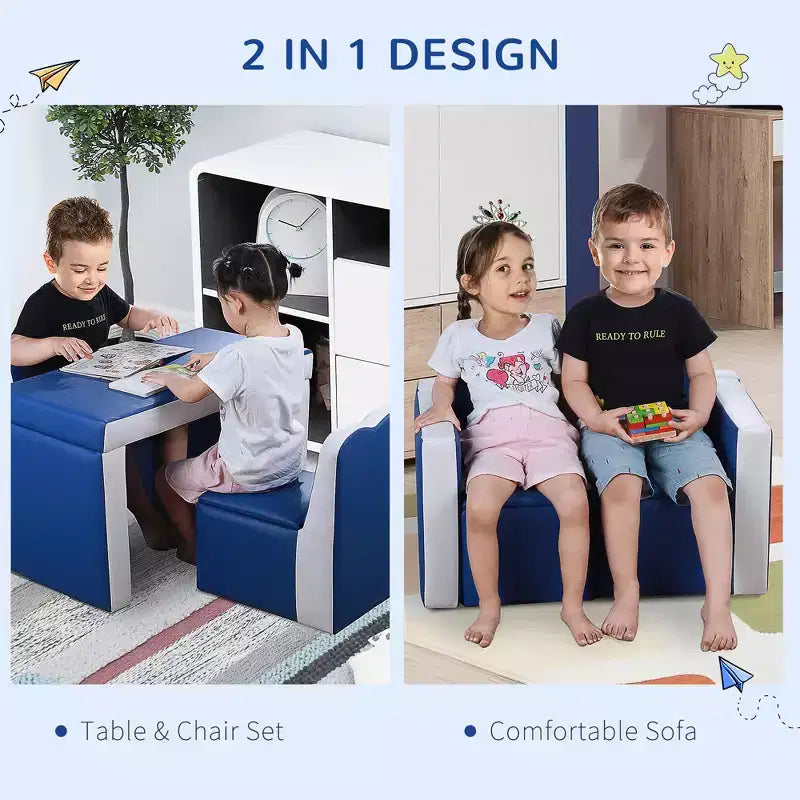 Divano per bambini 2 in 1 - Set tavolo e sedie multi-funzione per bambini, 2 posti, divanetto con contenitore, morbido e robusto
