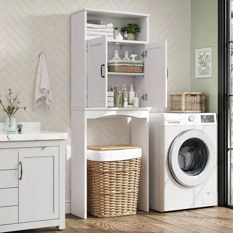 Mobiletto salvaspazio da bagno sopra il WC, organizer bianco con ripiano regolabile e doppie ante