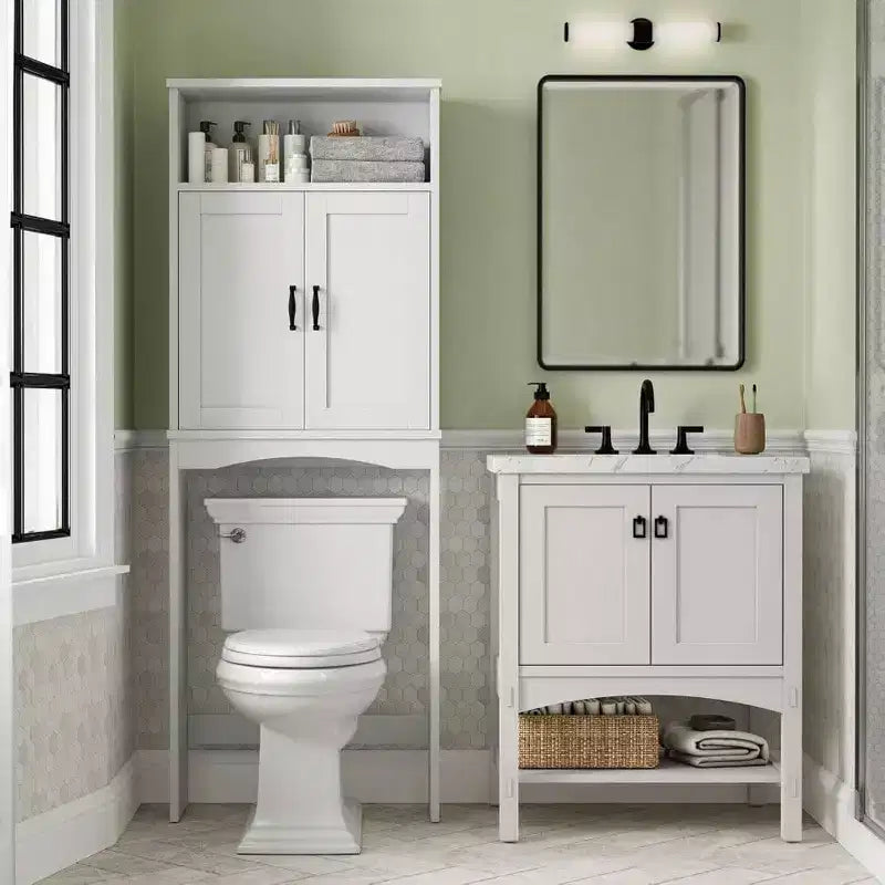 Mobiletto salvaspazio da bagno sopra il WC, organizer bianco con ripiano regolabile e doppie ante