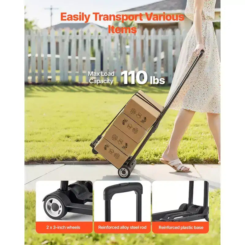 Carrello Pieghevole, Capacità di Carico 50 kg, Carrello Portabagagli Pieghevole con 2 Ruote e 1 Corda Elastica, Carrello Piattaforma Utility, Nero