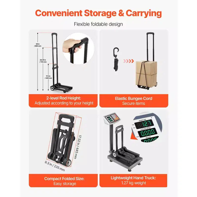 Carrello Pieghevole, Capacità di Carico 50 kg, Carrello Portabagagli Pieghevole con 2 Ruote e 1 Corda Elastica, Carrello Piattaforma Utility, Nero